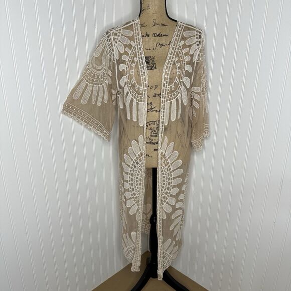 Rebellion Again Sheer Lace Mesh Duster Cardigan Womens Sz M Festival Boho Fairy - Picture 13 of 13